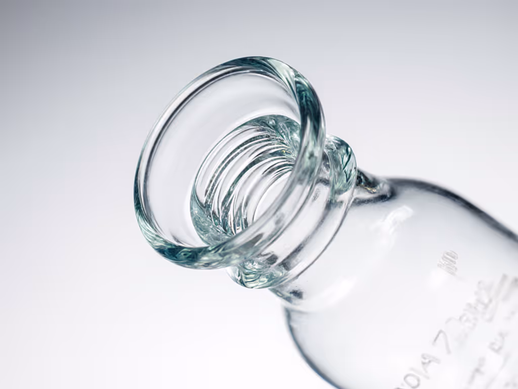 close-up of glass bottle thread assembly showing proper torque alignment